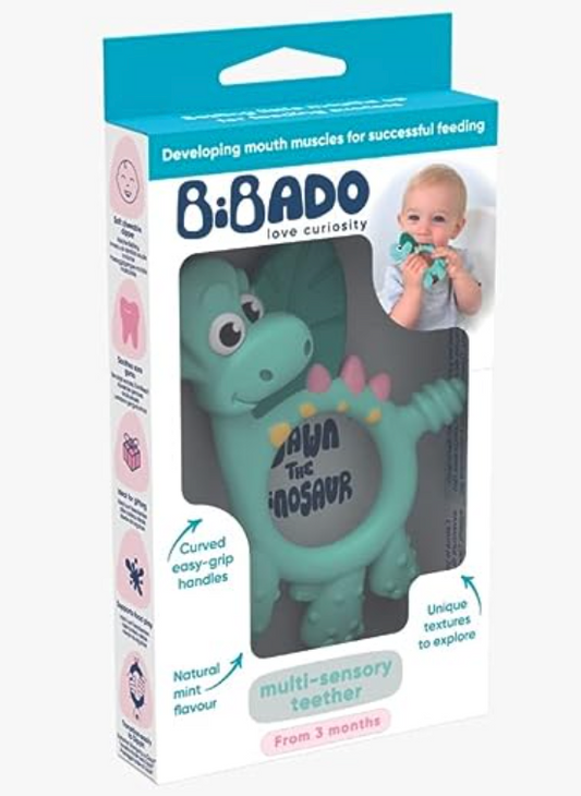 Bibado Teething Toy for Baby - Silicone Teethers for Babies for Soothing Gums, Chewing and Sucking, Aids Self Feeding and Speech Development - Teether Gift for Boys and Girls, Dawn The Dinosaur